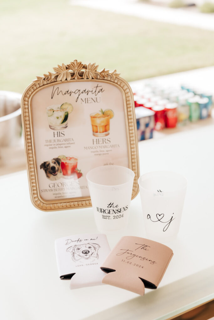personalized signature drinks sign at chateau joli venue, wedding venue near dallas texas