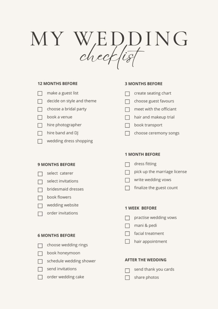 Wedding checklist showing detailed tasks to be completed in the months leading up to the wedding. This planner helps couples stay organized with timely reminders for booking vendors, sending invitations, and finalizing details before the big day.