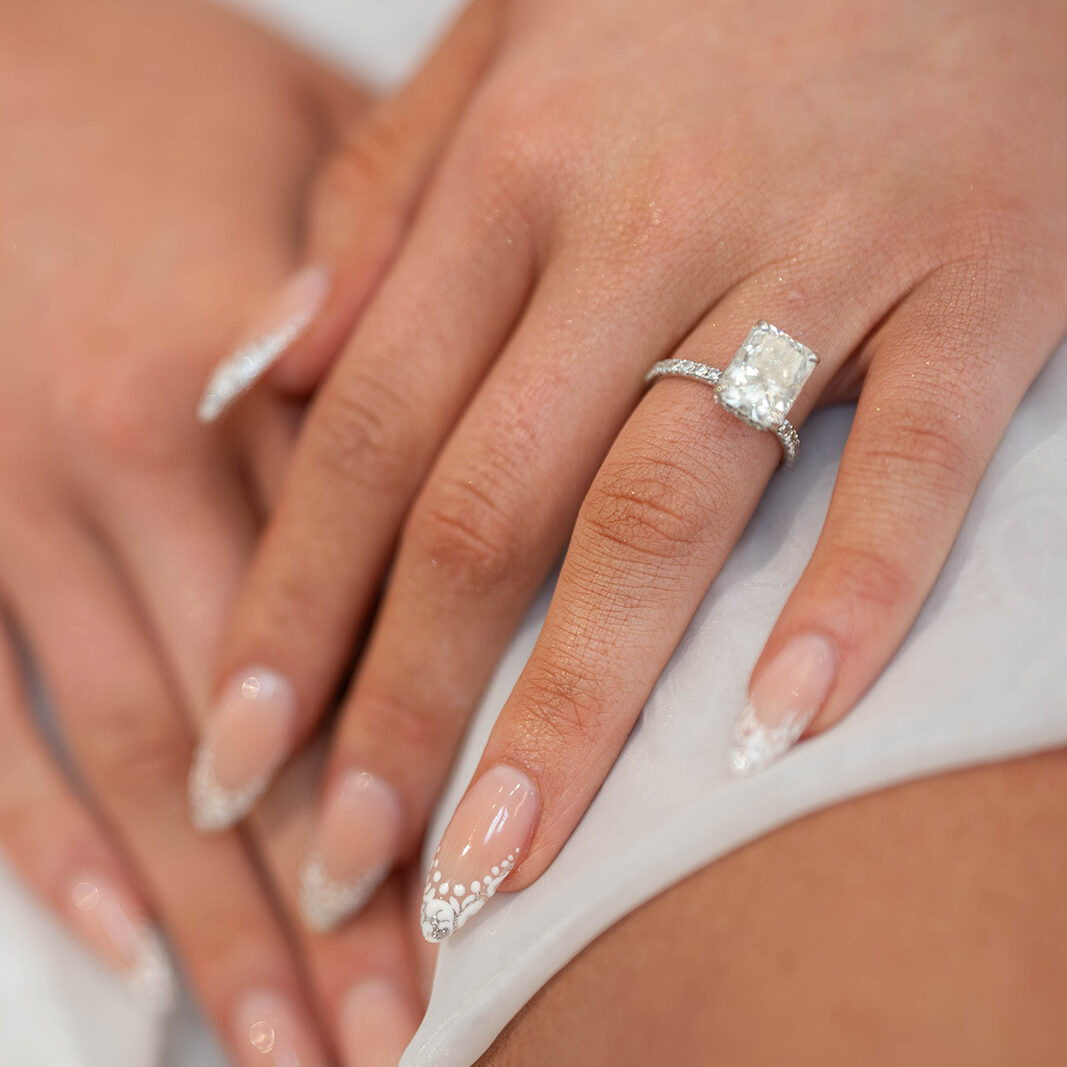 stunning upclose photo of a wedding ring sparkling in the light. 